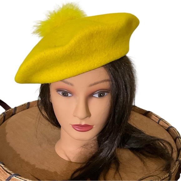 Two Girls N.Y.C. Accessories - Two Girls N.Y.C. Vibrant Yellow Tam Beret with Fluffy Pom-Pom Retro Mod